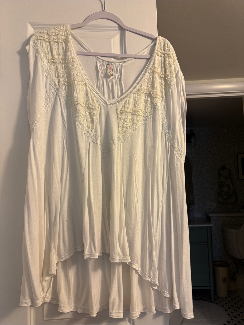 Free People Cream Lace-Trim Long Sleeve Peasant Top